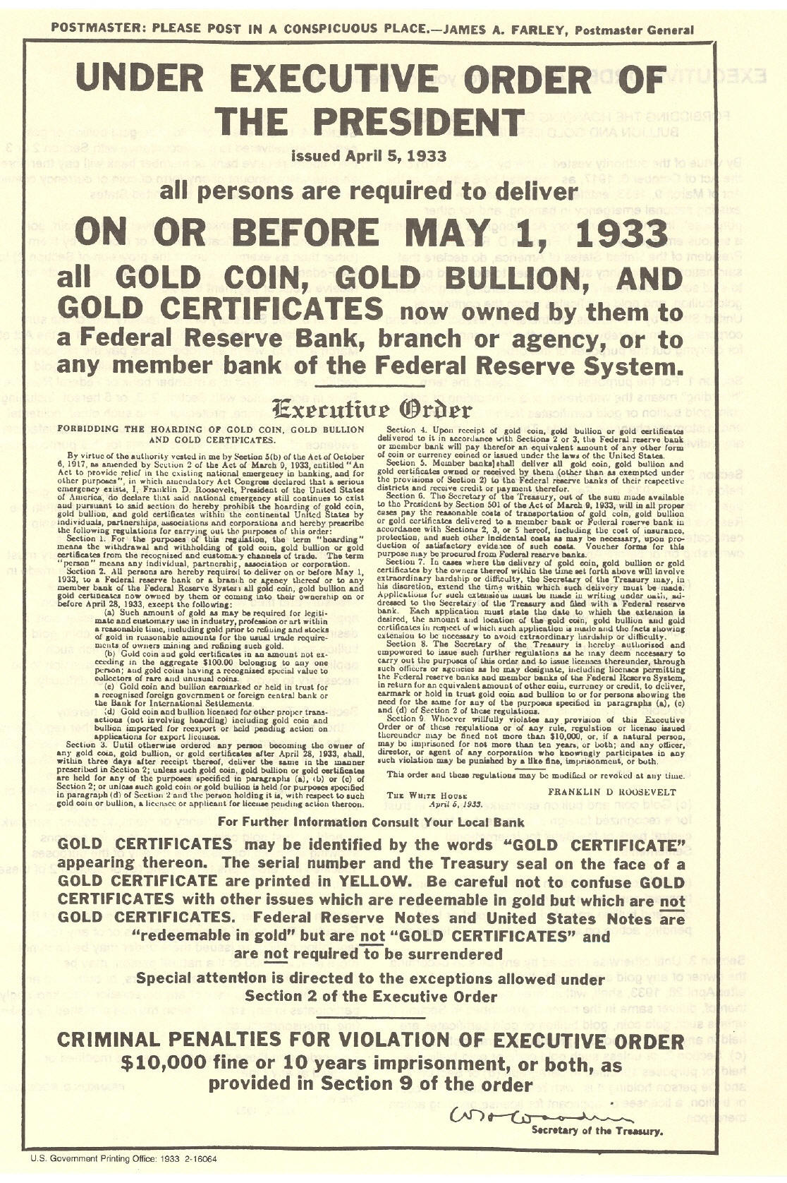 Executive Order April 5 1933 No Keeping Gold Scam