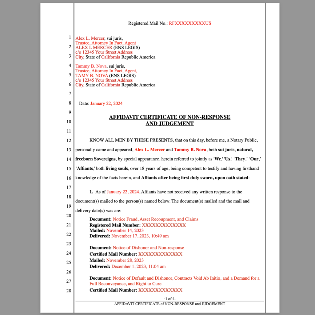 Two Party Affidavit Certificate of non response and judgement