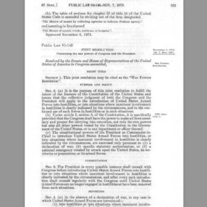 THE WAR POWER ACT of November 9 1973   War Powers Resolution   Public Law 93 148