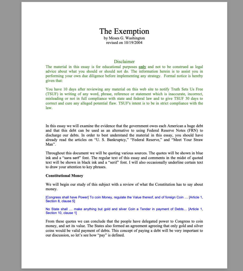 The Exemption by Moses G. Washington revised on 10:19:2004