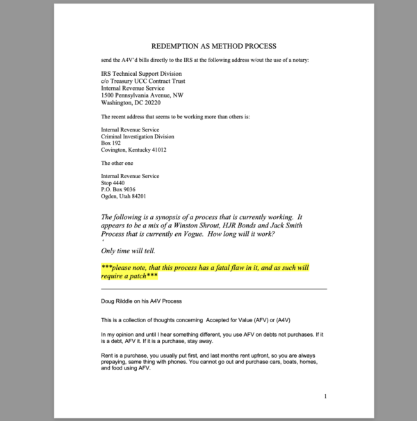 Doug Riddle AFV (accepted for value) process