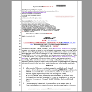 AFFIDAVIT   RIGHT TO TRAVEL   REVOCAITON OF COMMERCIAL FOR HIRE LICENSE 222