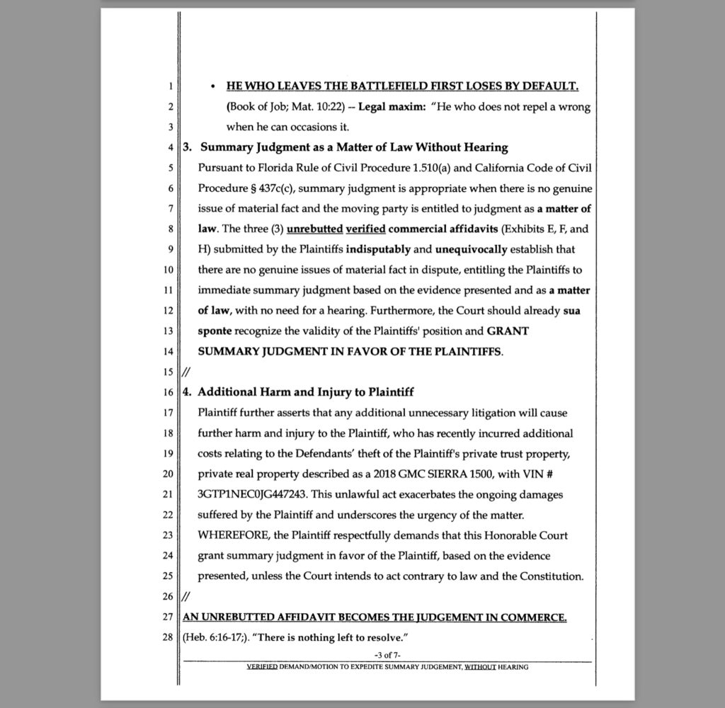 Demand:MOTION for Summary Judgment Without Hearing Demands Accountability from SDCCU and Sheppard Mullin Over ADMITTED Fraud, Racketeering, and Constitutional Crimes 3'