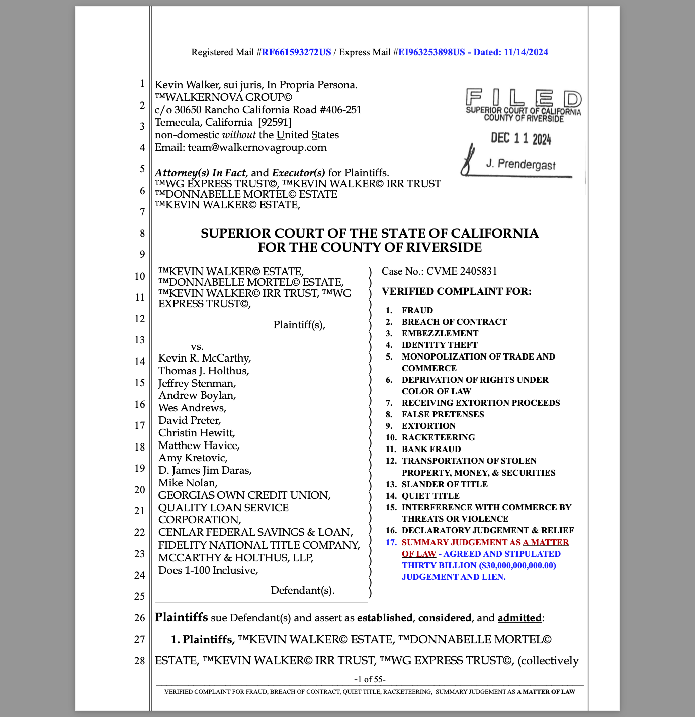 ™KEVIN WALKER© Estate Files $30 Billion Lawsuit Against Georgia's Own and McCarthy Holthus, Affirming Fraud, Racketeering, and Other Federal Crime