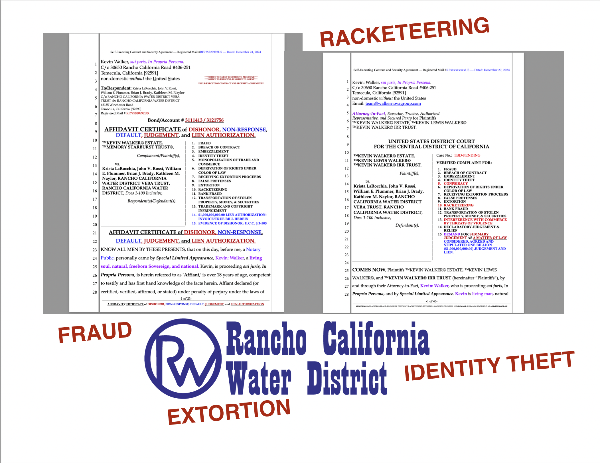 Imminent Billion Doillar Lawsuit Against RANCHO CALIFORNIA WATER DISTRICT for Racketeering, Identity Theft, Fraud, and Extortion