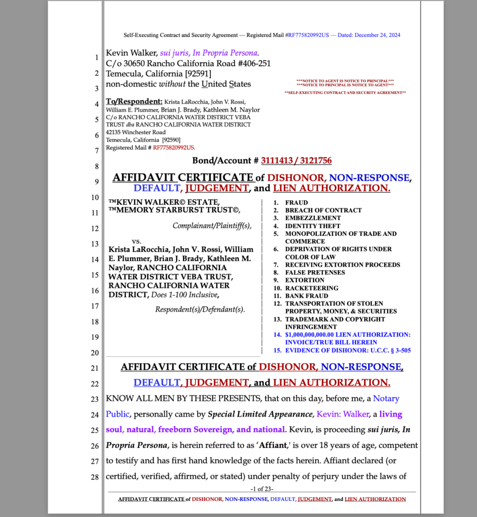 Imminent Billion Doillar Lawsuit Against RANCHO CALIFORNIA WATER DISTRICT for Racketeering, Identity Theft, Fraud, and Extortion