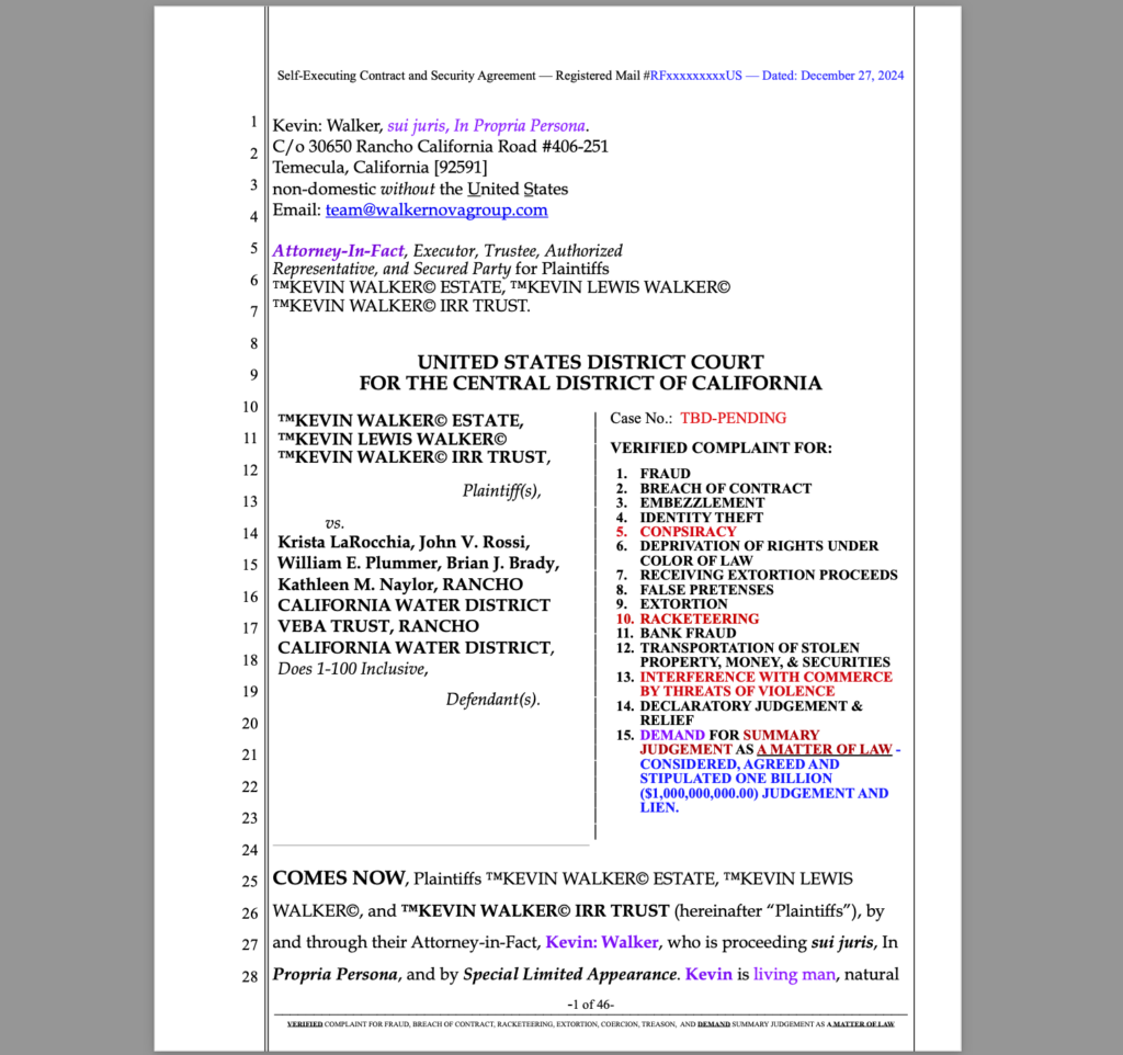 Imminent Billion Doillar Lawsuit Against RANCHO CALIFORNIA WATER DISTRICT for Racketeering, Identity Theft, Fraud, and Extortion