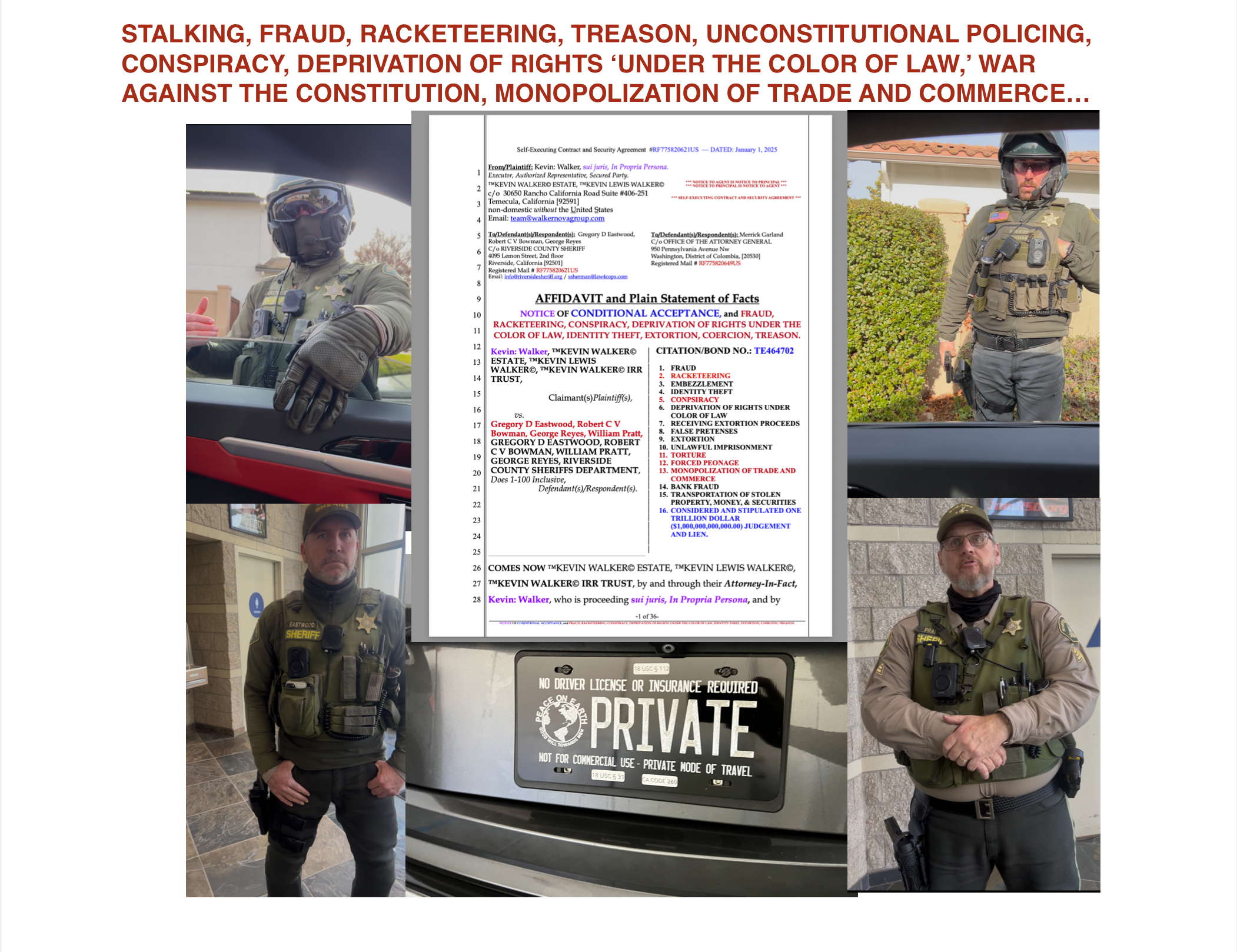 STALKING, FRAUD, RACKETEERING, TREASON, UNCONSTITUTIONAL POLICING, CONSPIRACY, DEPRIVATION OF RIGHTS UNDER THE COLOR OF LAW, WAR AGAINST THE CONSTITUTION