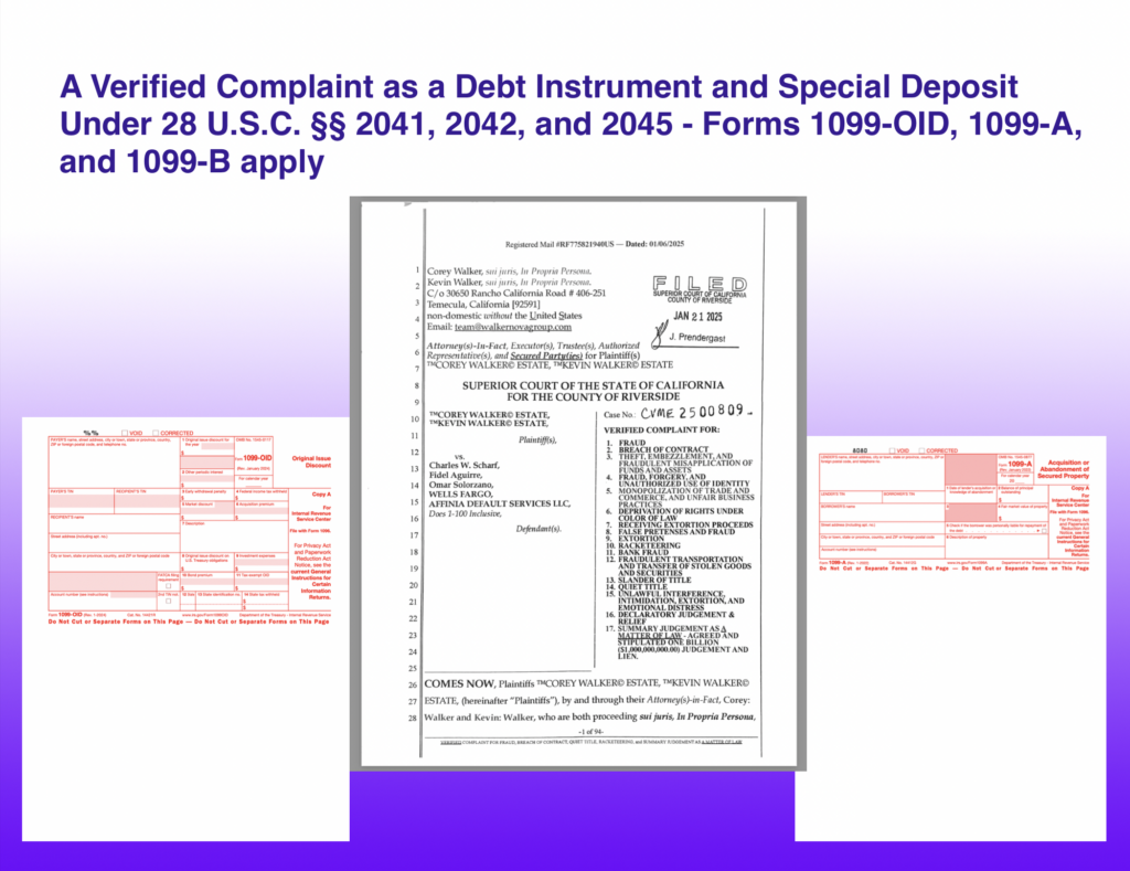 A Verified Complaint as a Debt Instrument and Special Deposit Under 28 U.S.C. §§ 2041, 2042, and 2045: Forms 1099-OID, 1099-A, and 1099-B apply Box # Description Entry 1 Date of Lender's Acquisition or Knowledge of Abandonment [Date Complaint Was Filed] 2 Balance of Principal Outstanding [Monetary Value of the Claim] 3 Fair Market Value of Property [Same Amount as Box 2] 4 Was Borrower Personally Liable for Repayment? Yes 5 Description of Property Verified Complaint (Debt Instrument) Filed in [Court Name] Under Case No. [#######] Lender's Name Court Name (e.g., U.S. District Court, Central District of California) Lender’s TIN [Court or Government Agency’s EIN] Borrower’s Name [Your Name/Your Estate Name] Borrower’s TIN [Your SSN or EIN] Purpose: This form identifies the court as the holder of the special deposit, documenting that the verified complaint was received as a financial deposit and that the plaintiff has abandoned direct control over the funds. 🔹 Sample Template for IRS Form 1099-OID (Original Issue Discount) Box # Description Entry 1 Original Issue Discount for the Year [Monetary Value of the Case] 2 Other Period OID [Same as Box 1] 3 Interest or Principal Paid 0.00 4 Federal Tax Withheld 0.00 5 Description of Instrument Special Deposit via Verified Complaint in [Court Name] Case No. [#######] Lender's Name Court Name (e.g., U.S. District Court, Central District of California) Lender’s TIN [Court or Government Agency’s EIN] Recipient’s Name [Your Name/Your Estate Name] Recipient’s TIN [Your SSN or EIN] Purpose: Filing Form 1099-OID informs the IRS and Treasury that the court is holding an Original Issue Discount security (the verified complaint as a financial instrument). This obligates the government to account for the deposited funds and ensure proper financial settlement. 🔹 Next Steps File the 1099-A and 1099-OID with the IRS – This forces financial acknowledgment of the court-held deposit. Send a Copy to the Court Clerk – Notifies the court that the verified complaint is recognized as a financial asset and must be accounted for. Send a Copy to the Treasury – The Department of the Treasury (Bureau of the Fiscal Service) processes court-related special deposits. Follow Up with a Demand for Accounting and Refund – Using IRS Form 1040-V or a Letter of Instruction, demand that the OID amount be applied toward settlement, discharge, or refund.