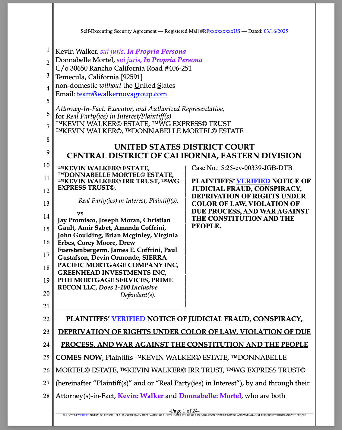 Kevin Walker Estate to File Notice of Judicial Fraud Against Riverside Federal Court Judge If Judgment Is Not Issued by March 16, 2025