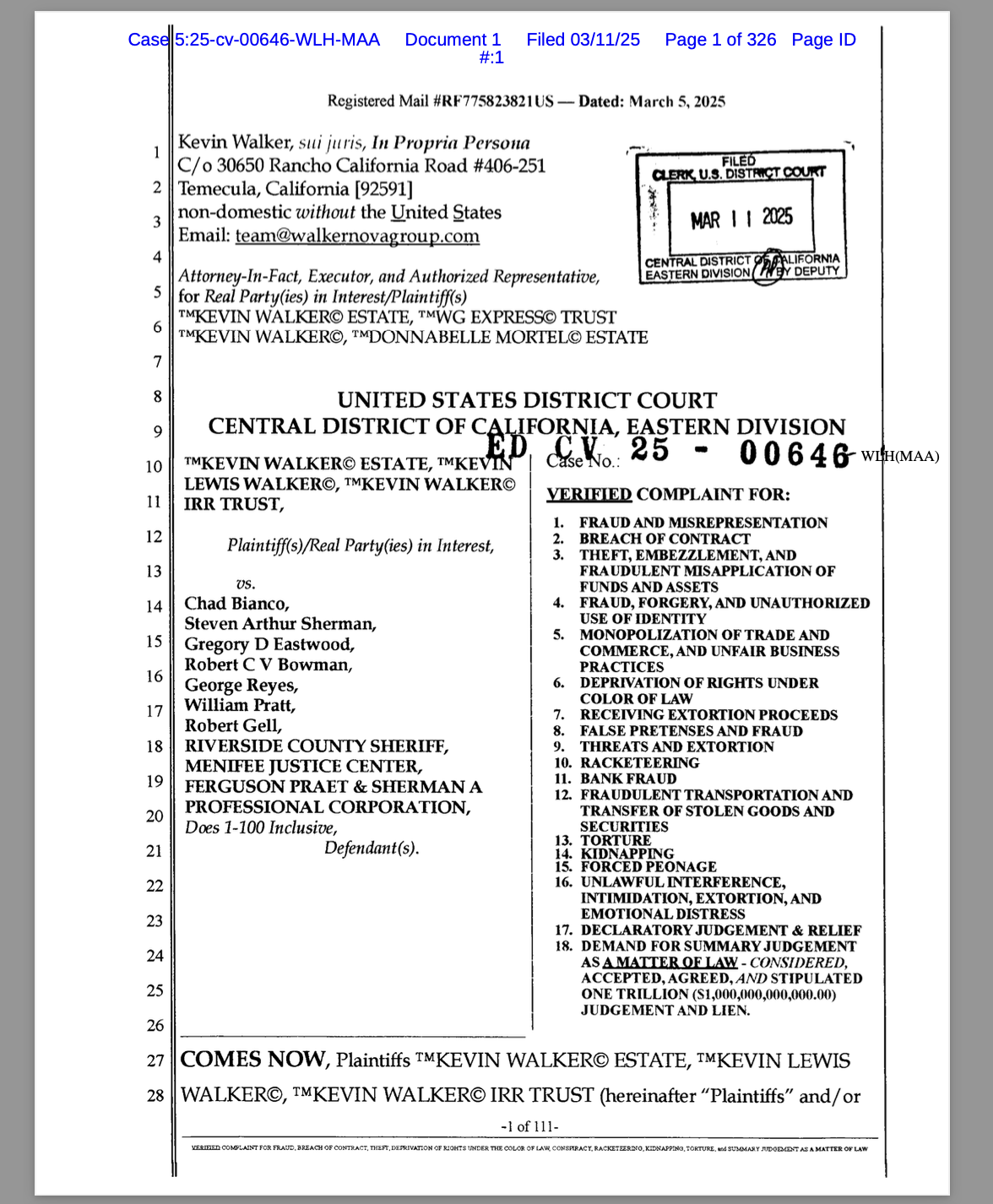 Federal One Trillion Dollar 'Right to Travel' and RICO Lawsuit Filed Against Riverside County Sheriff Chad Bianco, Gregory Eastwood, Robert Bowman, William Pratt, and Others