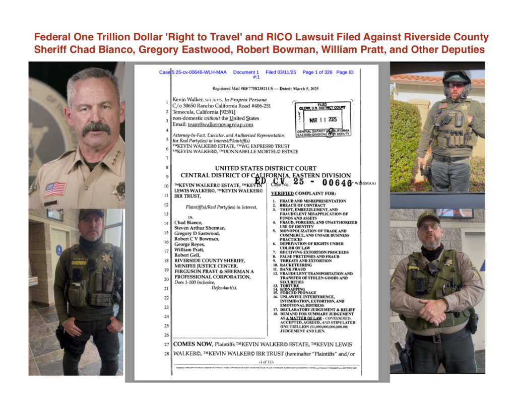 Federal One Trillion Dollar 'Right to Travel' and RICO Lawsuit Filed Against Riverside County Sheriff Chad Bianco, Gregory Eastwood, Robert Bowman, William Pratt, and Other Deputies