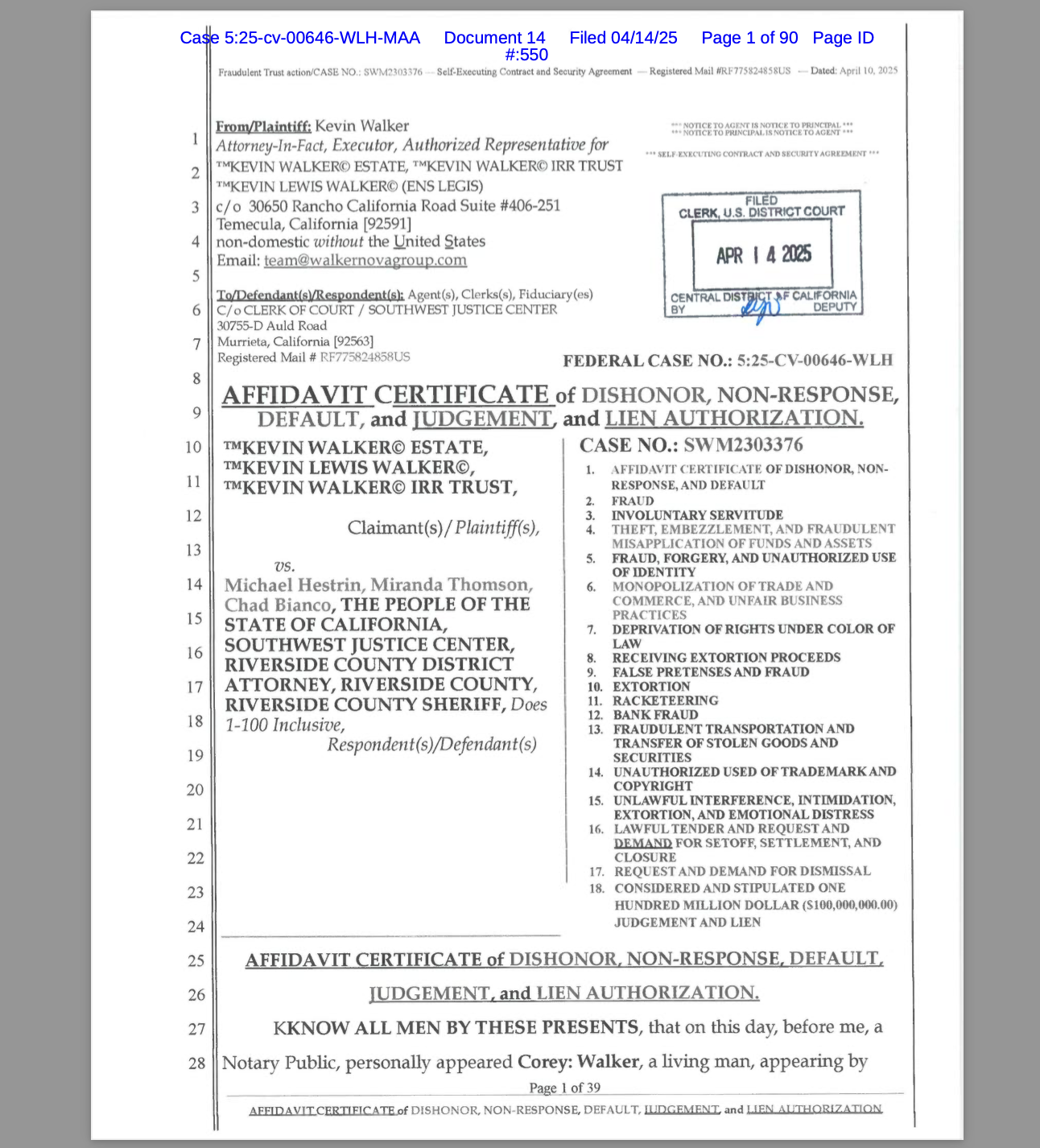 Chad Bianco, Riverside Officials in Active RICO Default, Owing $1,000,000,000,000 While Running for Governor – Verified Commercial Dishonor Under 42 U.S.C. § 1983, 18 U.S.C. §§ 241 and 242