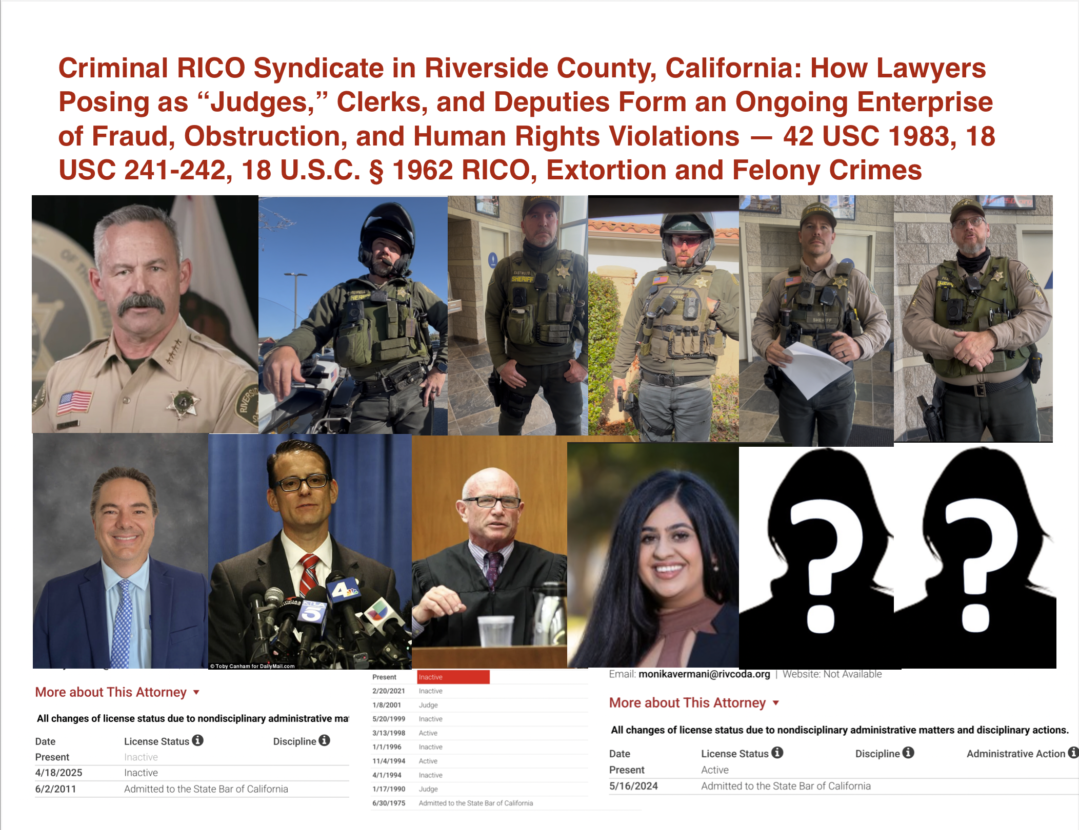 Criminal RICO Syndicate in Riverside County, California: How Lawyers Posing as “Judges,” Clerks, and Deputies Form an Ongoing Enterprise of Fraud, Obstruction, and Human Rights Violations — 42 USC 1984, 18 USC 241-242, RICO, Extortion and more
