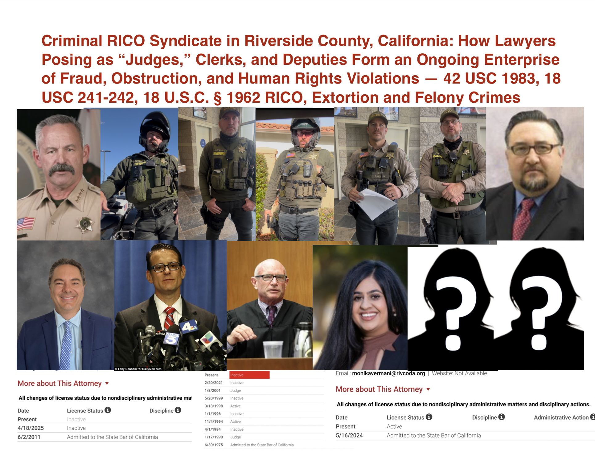 Criminal RICO Syndicate in Riverside County, California: How Lawyers Posing as “Judges,” Clerks, and Deputies Form an Ongoing Enterprise of Fraud, Obstruction, and Human Rights Violations — 42 USC 1984, 18 USC 241-242, RICO, Extortion and more