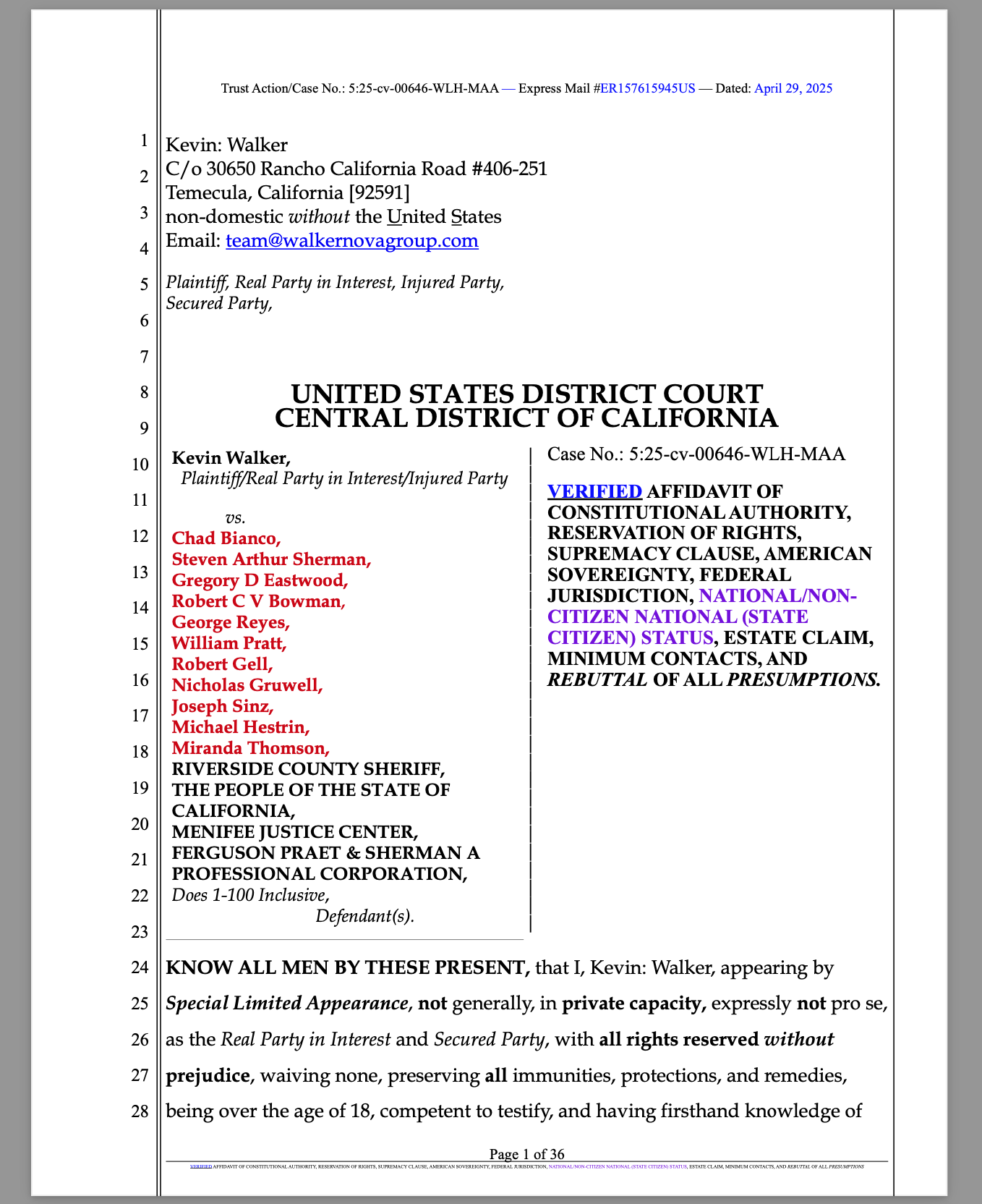 Affidavit Delivered to Judge Wesley Hsu's Court in Kevin Walker vs Chad Bianco Remains Undocketed — Delay or Concealment? Benefit of the Doubt Extended, For Now