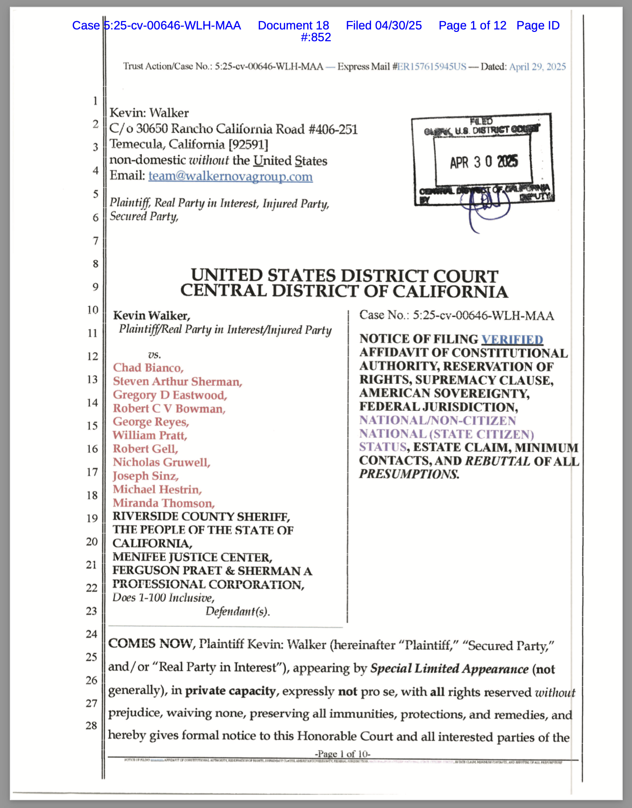 Judicial Integrity in Action: Judge Wesley Hsu and Magistrate Maria Audero Honorably Uphold Due Process in Kevin: Walker vs Chad Bianco RICO and 42 U.S.C. 1983 Case