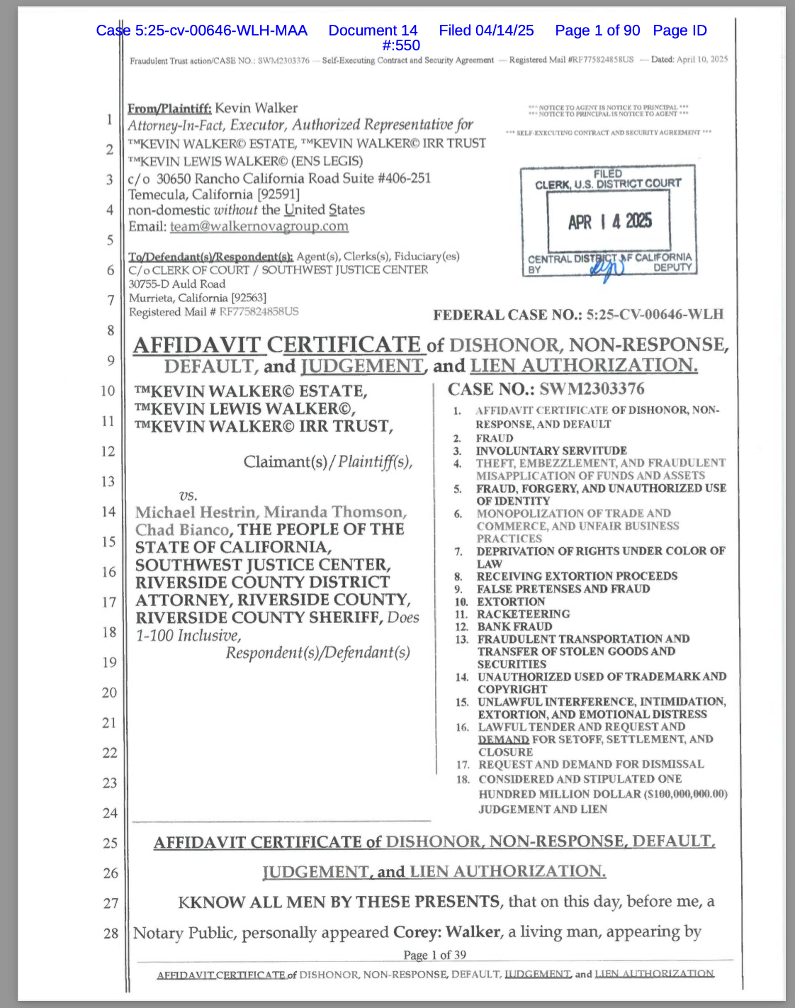 kevin Walker vs Chad Bianco - One Trillion Affidavit Certificate of Dishonor