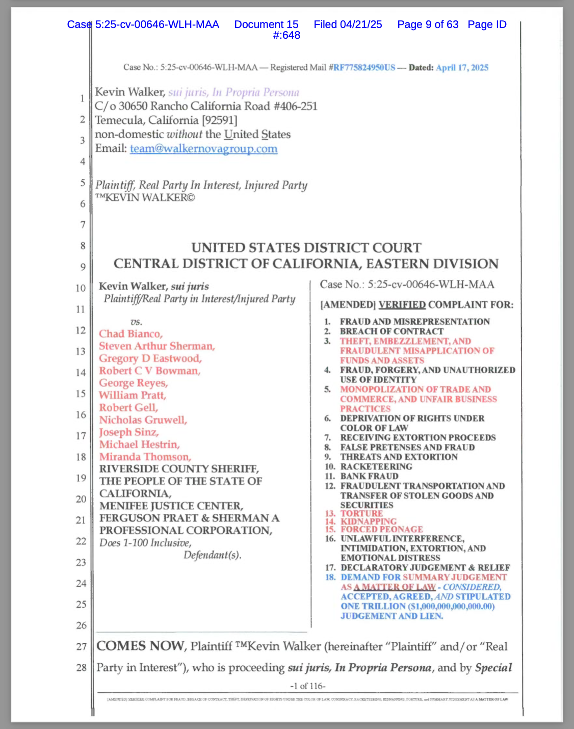 kevin Walker vs Chad Bianco - One Trillion Amended Verified Complaint