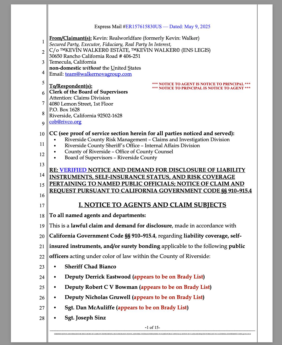 VERIFIED NOTICE AND DEMAND FOR DISCLOSURE OF LIABILITY INSTRUMENTS, SELF-INSURANCE STATUS, AND RISK COVERAGE PERTAINING TO NAMED PUBLIC OFFICIALS; NOTICE OF CLAIM AND REQUEST PURSUANT TO CALIFORNIA GOVERNMENT CODE §§ 910–915.4