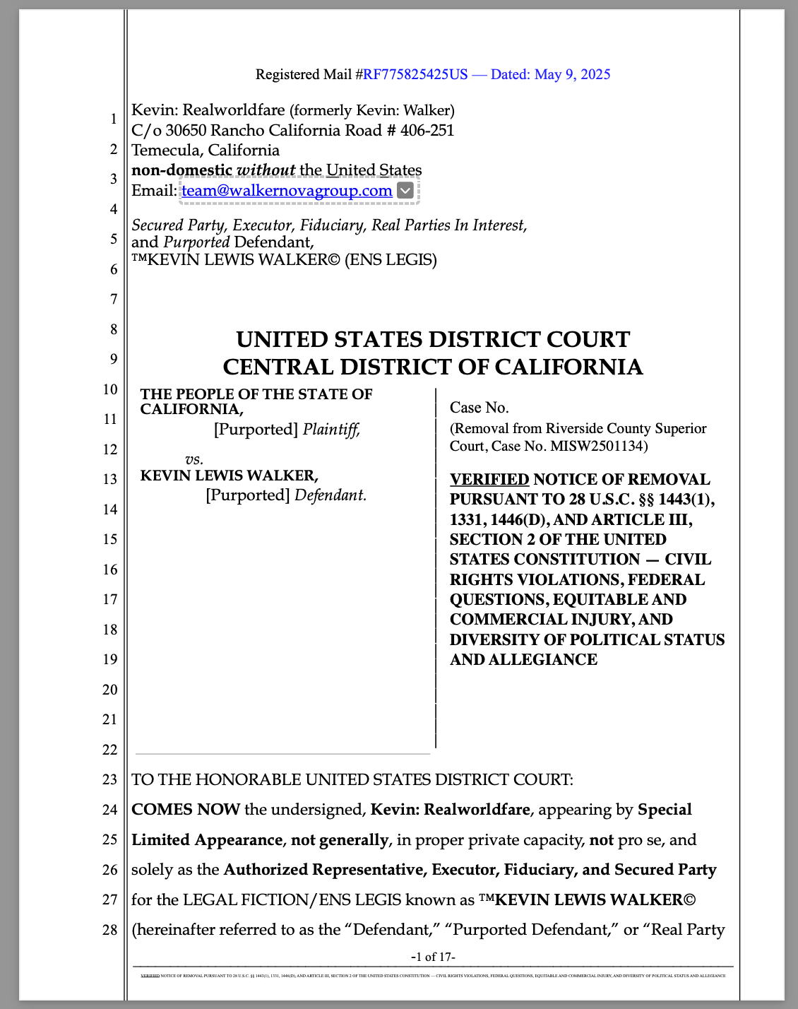 VERIFIED NOTICE OF REMOVAL PURSUANT TO 28 U.S.C. §§ 1443(1), 1331, 1446(d), and ARTICLE III, SECTION 2 OF THE UNITED STATES CONSTITUTION — CIVIL RIGHTS VIOLATIONS, FEDERAL QUESTIONS, EQUITABLE AND COMMERCIAL INJURY, AND DIVERSITY OF POLITICAL STATUS AND ALLEGIANCE