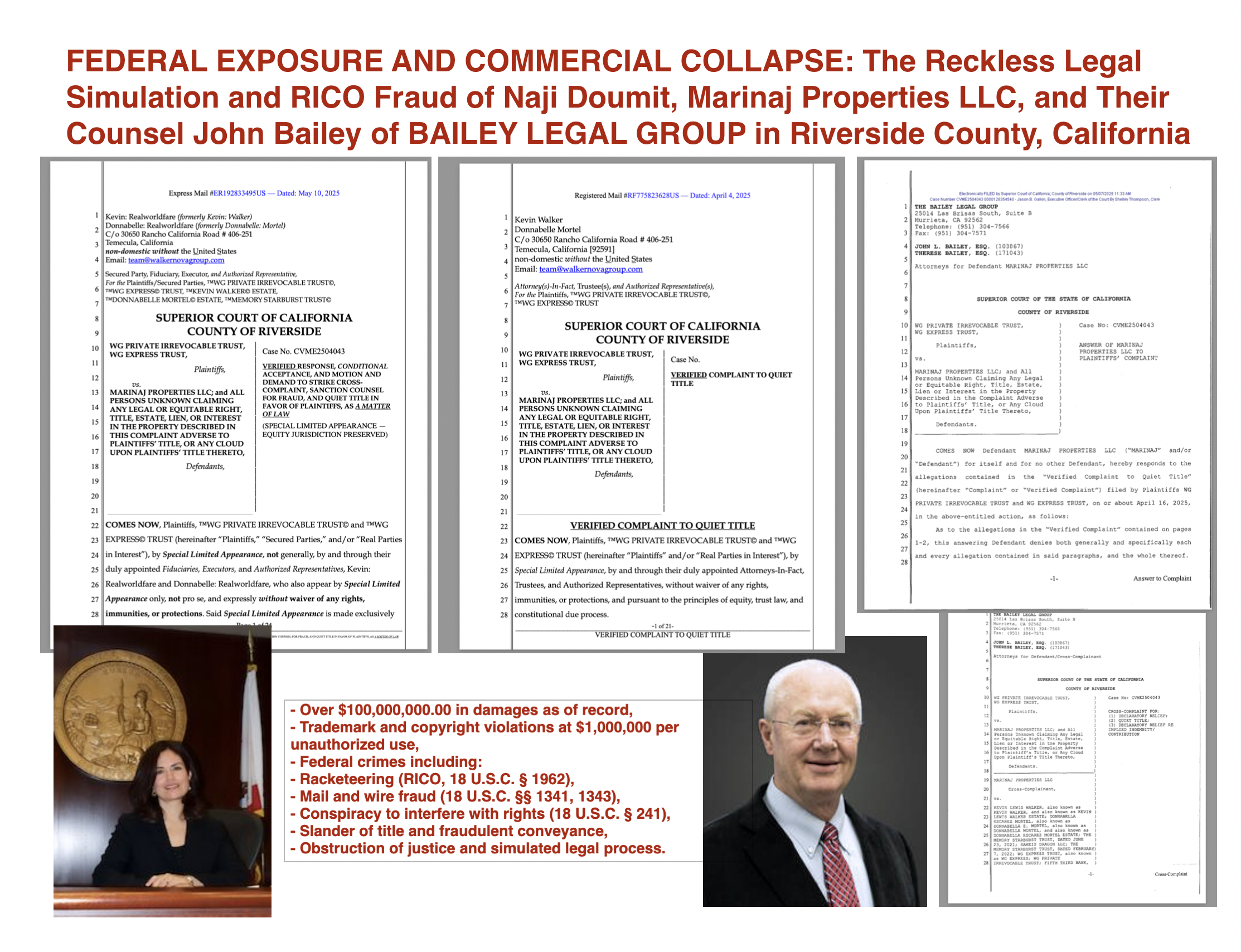 FEDERAL EXPOSURE AND COMMERCIAL COLLAPSE: The Reckless Legal Simulation and RICO Fraud of Naji Doumit, Marinaj Properties LLC, and Their Counsel John Bailey of BAILEY LEGAL GROUP in Riverside County, California
