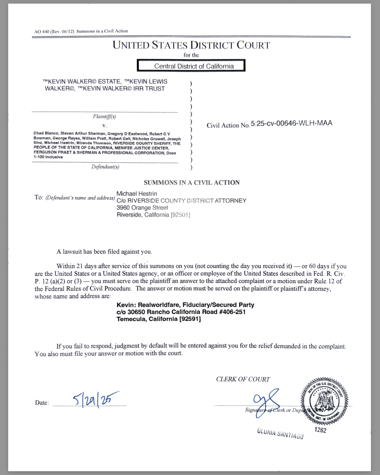 FEDERAL SUMMONS ISSUED AND SERVED: RICO Charges Served on Sheriff Chad Bianco and Deputies in $1 Trillion Lawsuit FEDERAL SUMMONS ISSUED AND SERVED: RICO Charges Served on Sheriff Chad Bianco and Deputies in $1 Trillion Lawsuit