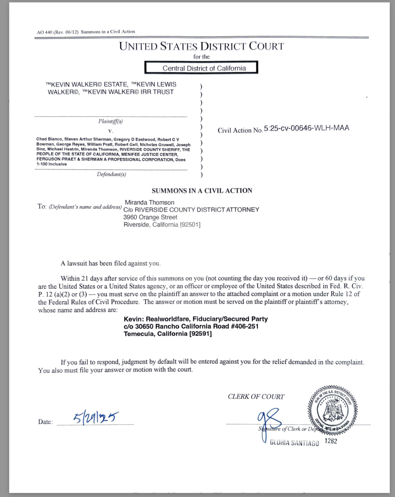 FEDERAL SUMMONS ISSUED AND SERVED: RICO Charges Served on Sheriff Chad Bianco and Deputies in $1 Trillion Lawsuit FEDERAL SUMMONS ISSUED AND SERVED: RICO Charges Served on Sheriff Chad Bianco and Deputies in $1 Trillion Lawsuit