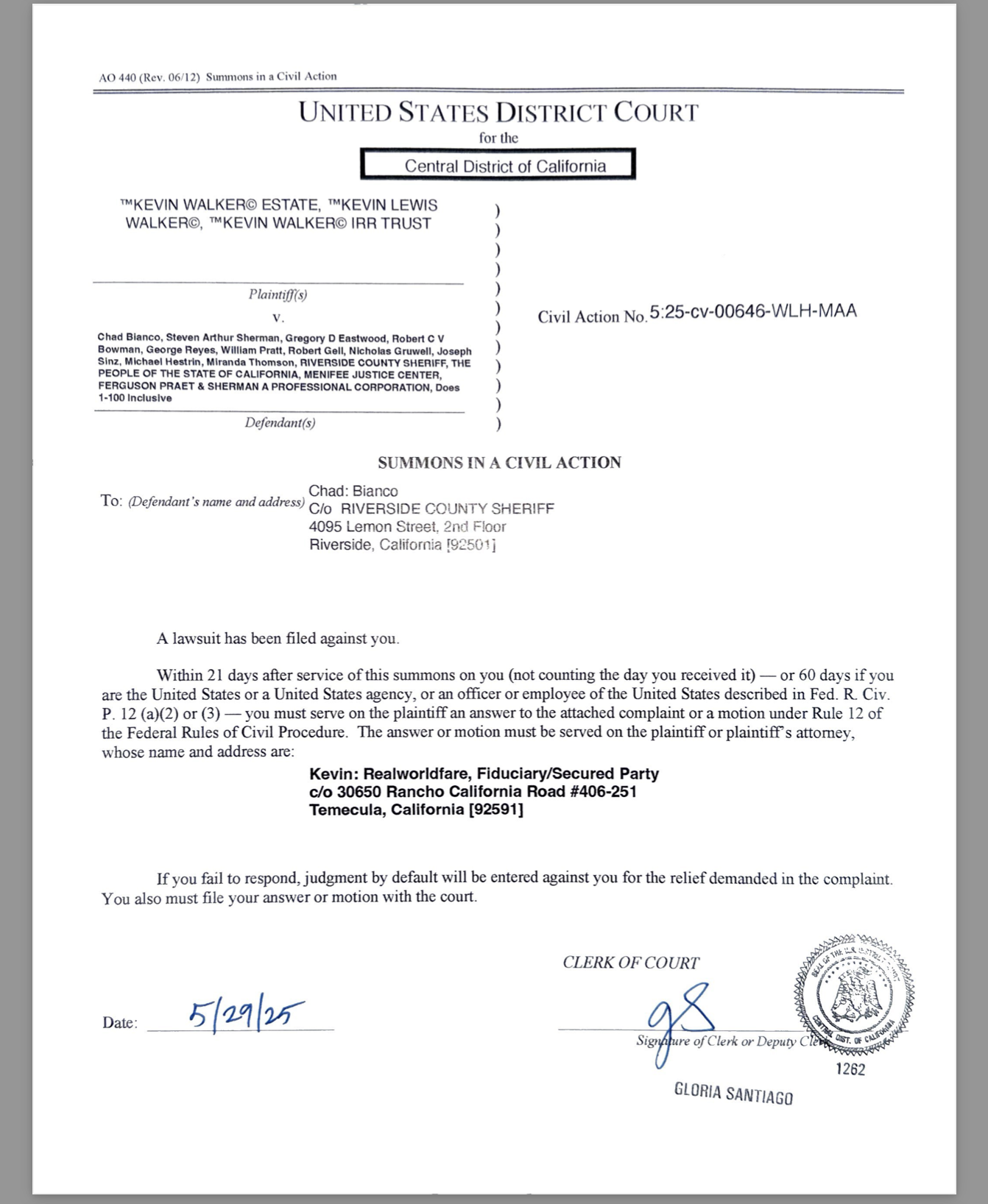 FEDERAL SUMMONS ISSUED AND SERVED: RICO Charges Served on Sheriff Chad Bianco and Deputies in $1 Trillion Lawsuit FEDERAL SUMMONS ISSUED AND SERVED: RICO Charges Served on Sheriff Chad Bianco and Deputies in $1 Trillion Lawsuit