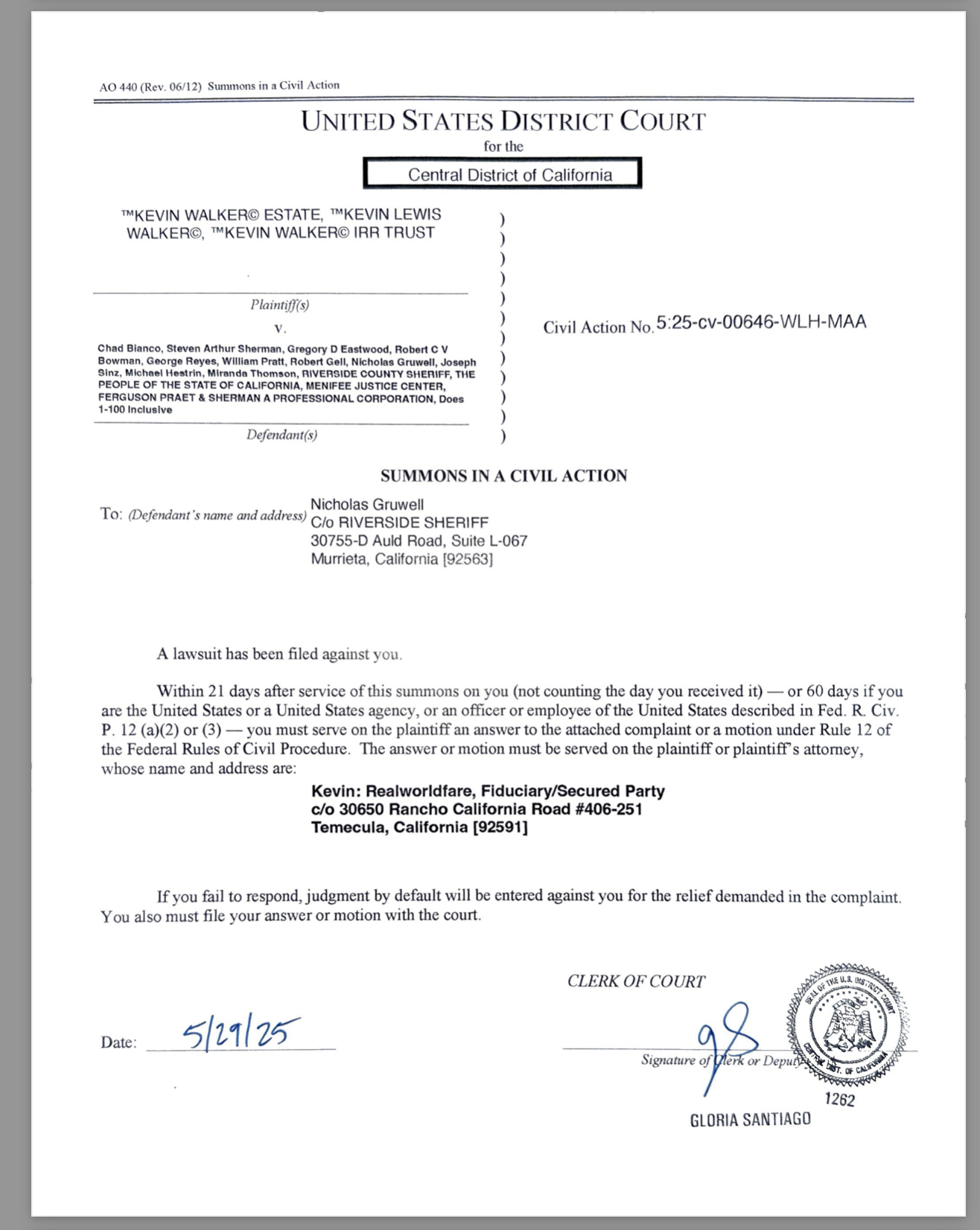 FEDERAL SUMMONS ISSUED AND SERVED: RICO Charges Served on Sheriff Chad Bianco and Deputies in $1 Trillion Lawsuit FEDERAL SUMMONS ISSUED AND SERVED: RICO Charges Served on Sheriff Chad Bianco and Deputies in $1 Trillion Lawsuit
