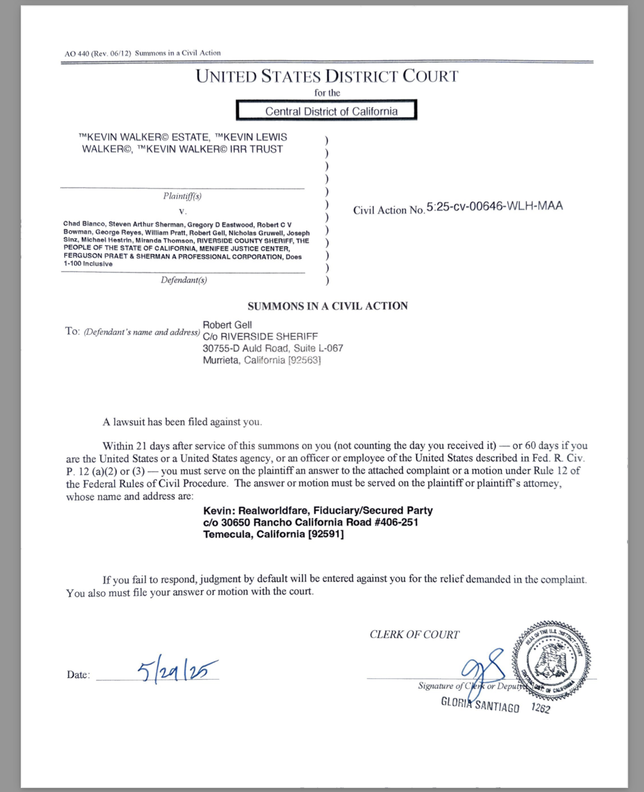 FEDERAL SUMMONS ISSUED AND SERVED: RICO Charges Served on Sheriff Chad Bianco and Deputies in $1 Trillion Lawsuit FEDERAL SUMMONS ISSUED AND SERVED: RICO Charges Served on Sheriff Chad Bianco and Deputies in $1 Trillion Lawsuit