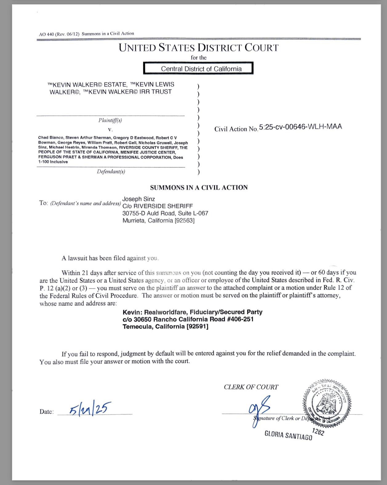 FEDERAL SUMMONS ISSUED AND SERVED: RICO Charges Served on Sheriff Chad Bianco and Deputies in $1 Trillion Lawsuit FEDERAL SUMMONS ISSUED AND SERVED: RICO Charges Served on Sheriff Chad Bianco and Deputies in $1 Trillion Lawsuit