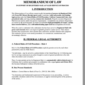 MEMORANDUM OF LAW IN SUPPORT OF REGISTERED MAIL AS VALID SERVICE OF PROCESS