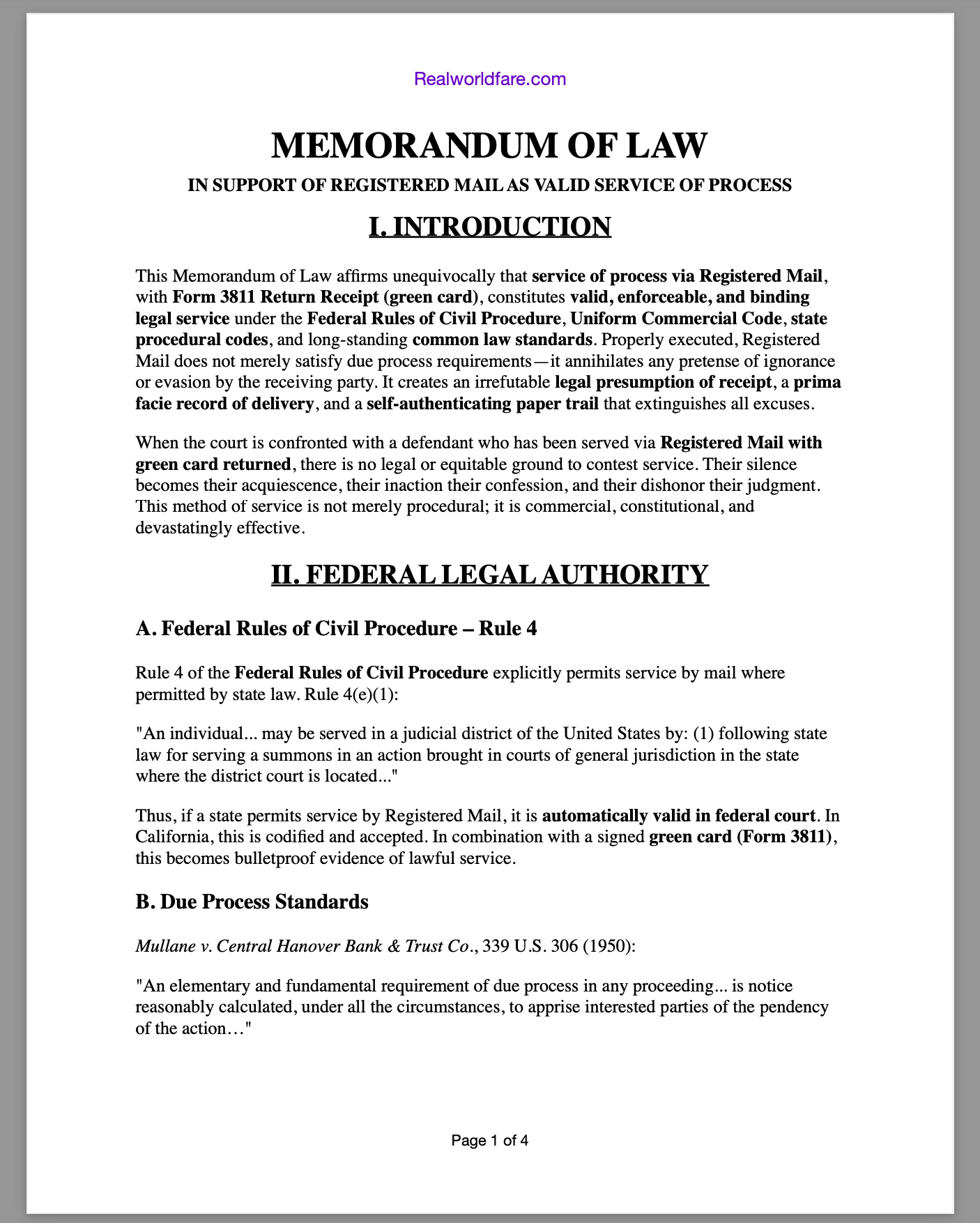 MEMORANDUM OF LAWIN SUPPORT OF REGISTERED MAIL AS VALID SERVICE OF PROCESS
