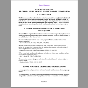 MEMORANDUM OF LAW: ORDERS ISSUED WITHOUT JURISDICTION ARE VOID AB INITIO