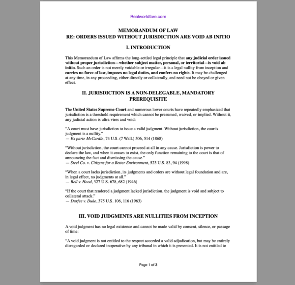 MEMORANDUM OF LAW: ORDERS ISSUED WITHOUT JURISDICTION ARE VOID AB INITIO
