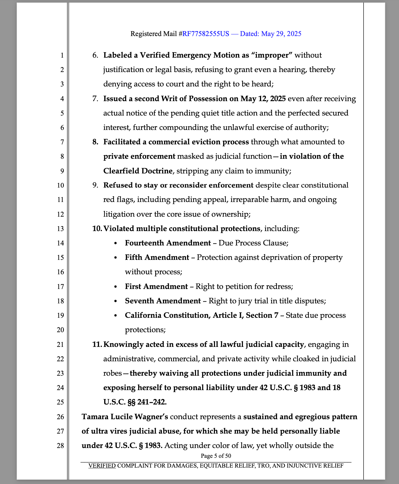 Riverside County Commissioner Tamara Wagner Sued Under 42 U.S.C. § 1983 for Railroading Plaintiffs Under Color of Law Without Jurisdiction