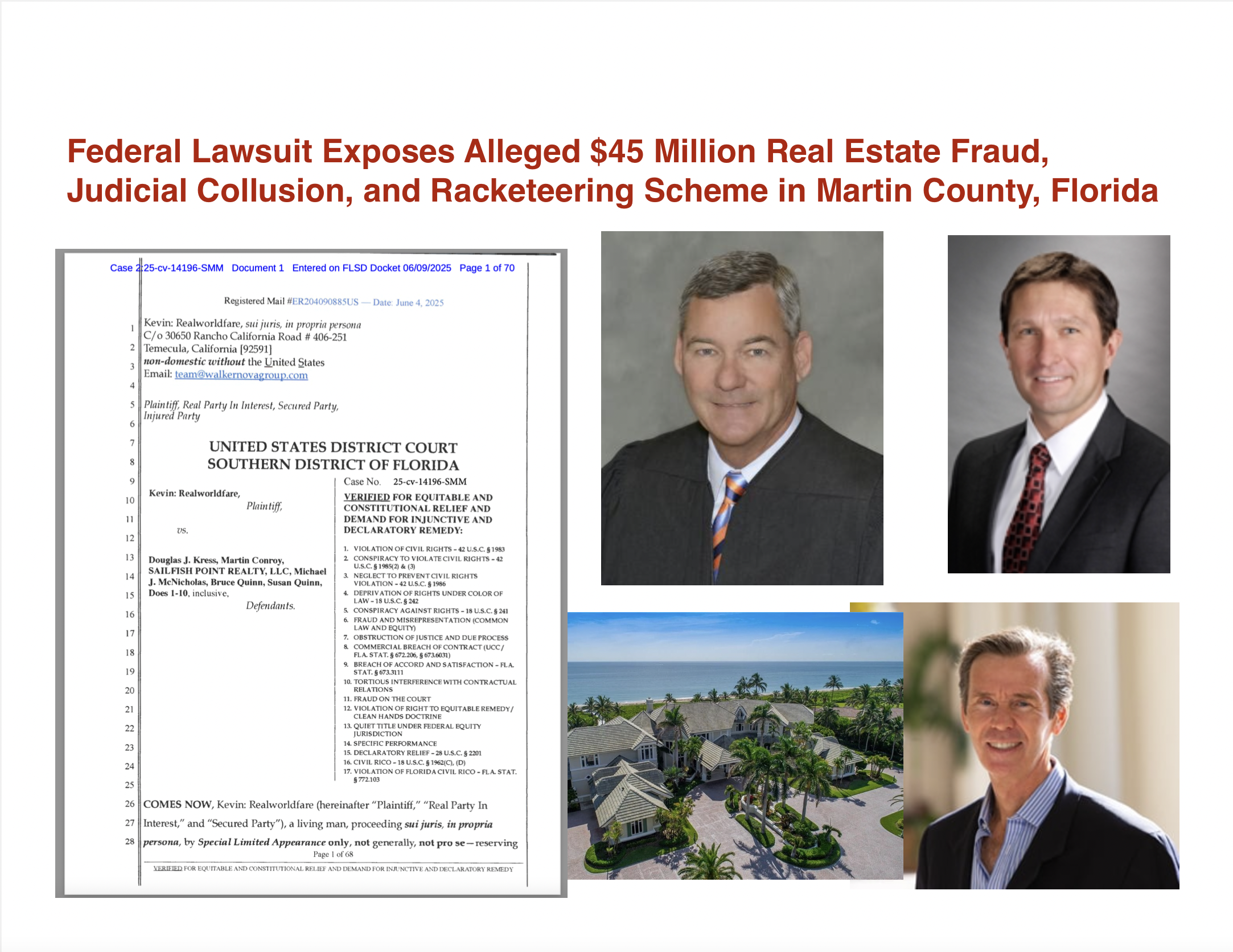 Federal Lawsuit Exposes Alleged $45 Million Real Estate Fraud, Judicial Collusion, and Racketeering Scheme in Martin County, Florida