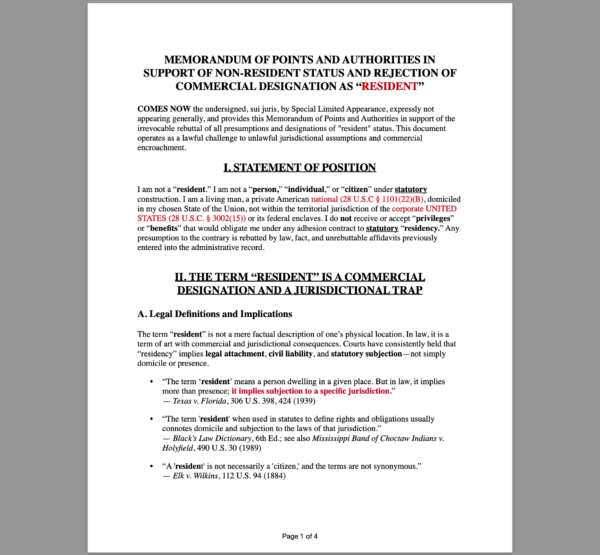 MEMORANDUM OF POINTS AND AUTHORITIES IN SUPPORT OF NON-RESIDENT STATUS AND REJECTION OF COMMERCIAL DESIGNATION AS “RESIDENT”