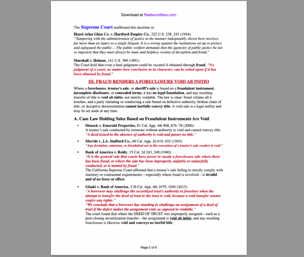 MEMORANDUM OF POINTS AND AUTHORITIES: FRAUD VITIATES EVERYTHING, AND THAT A FORECLOSURE OR TRUSTEE'S SALE BASED ON FRAUD IS VOID AB INITIO