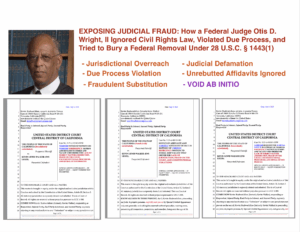 A federal judge’s July 2025 order is now under fire for unlawfully striking a removal, misapplying criminal statutes, ignoring unrebutted affidavits, and participating in a fraudulent party substitution. The case, originally removed under 28 U.S.C. § 1443(1), involves severe allegations of constitutional violations, jurisdictional fraud, and due process abuse. Despite clear legal precedent barring time limits on § 1443 removals, the court falsely claimed the removal was untimely and smeared the petitioner with defamatory labels. This article exposes the judicial misconduct, factual distortions, and illegality underlying the void order now being challenged.