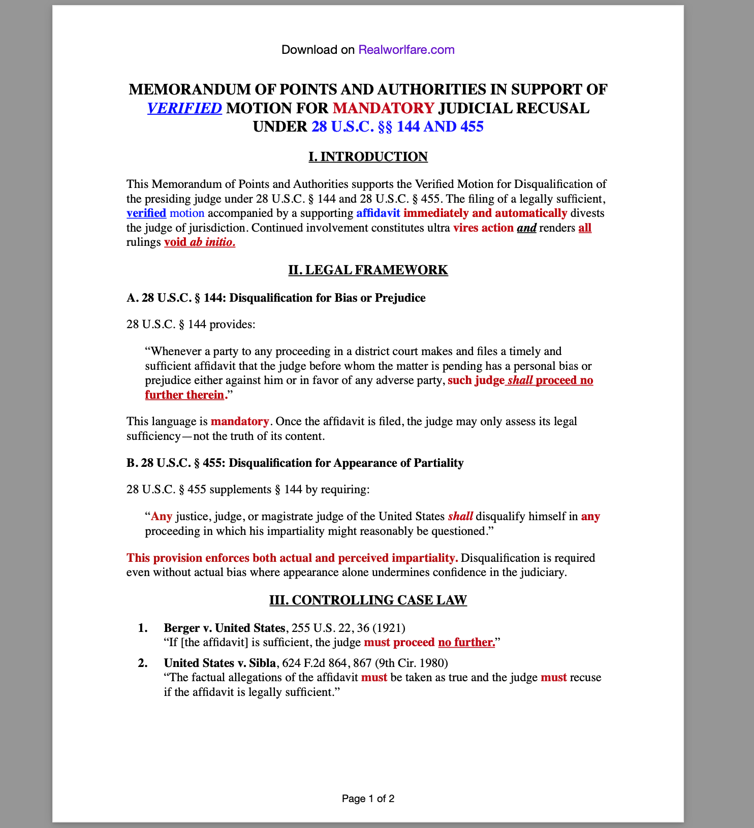 MEMORANDUM OF POINTS AND AUTHORITIES IN SUPPORT OF VERIFIED MOTION FOR MANDATORY JUDICIAL RECUSAL UNDER 28 U.S.C. §§ 144 AND 455