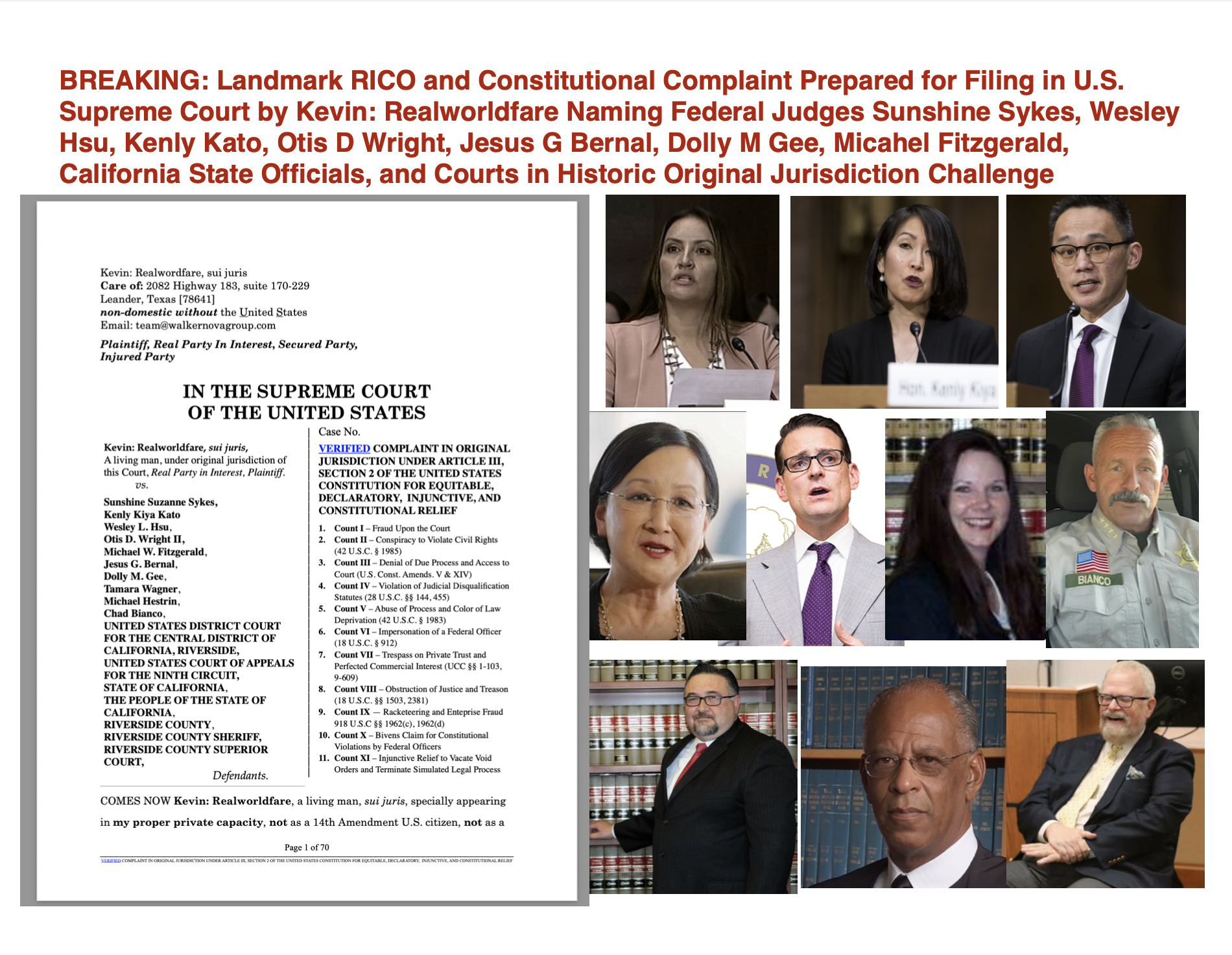 BREAKING: Landmark RICO and Constitutional Complaint Prepared for Filing in U.S. Supreme Court by Kevin: Realworldfare Naming Federal Judges Sunshine Sykes, Wesley Hsu, Kenly Kato, Otis D Wright, Jesus G Bernal, Dolly M Gee, Micahel Fitzgerald, California State Officials, and Courts in Historic Original Jurisdiction Challenge Ask ChatGPT