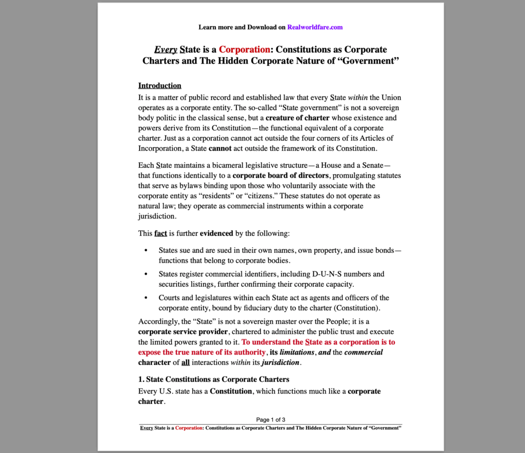 Every State is a Corporation: Constitutions as Corporate Charters and The Hidden Corporate Nature of “Government”