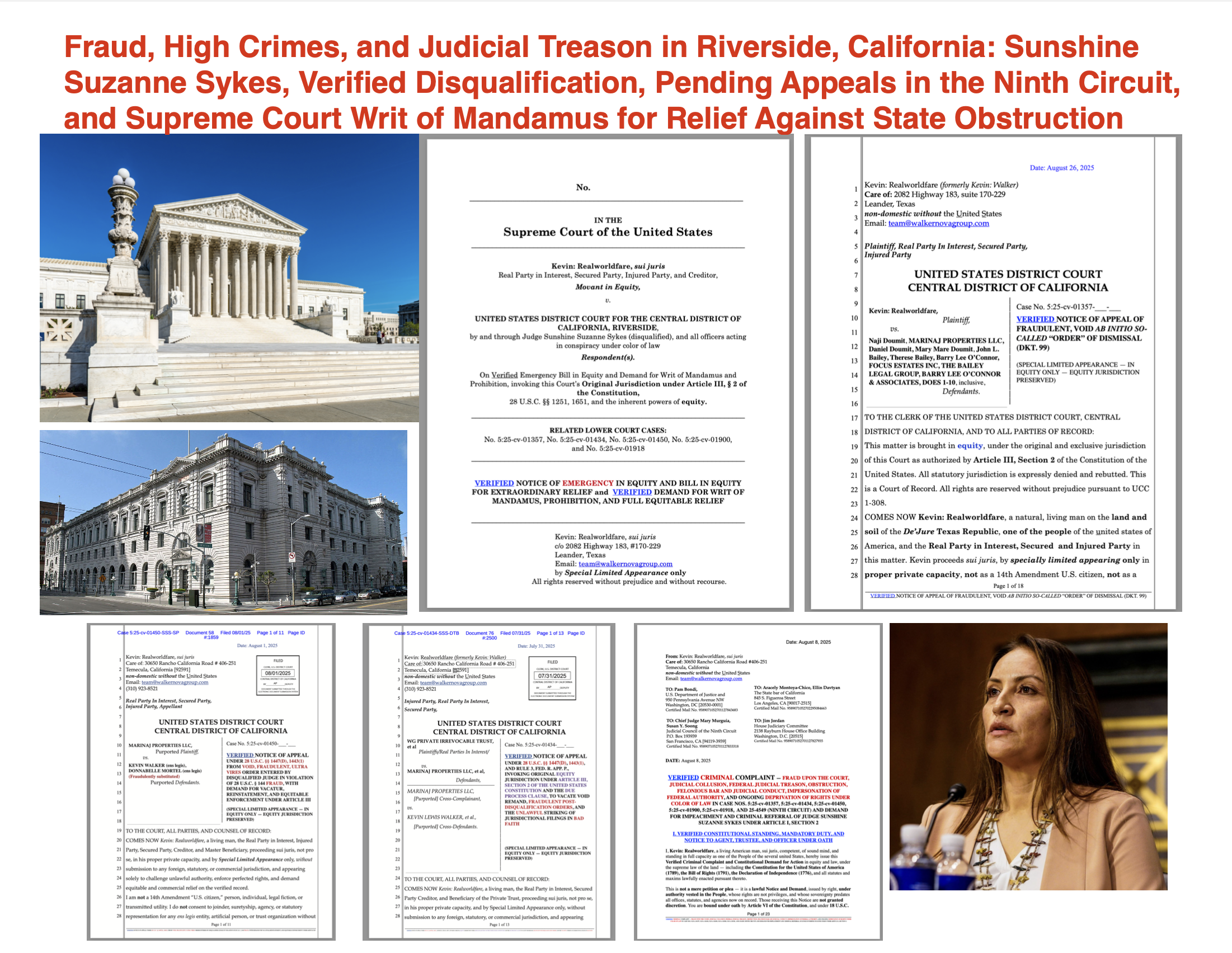 Fraud, High Crimes, and Judicial Treason in Riverside, California: Sunshine Suzanne Sykes, Verified Disqualification, Pending Appeals in the Ninth Circuit, and Supreme Court Writ of Mandamus for Relief Against State Obstruction