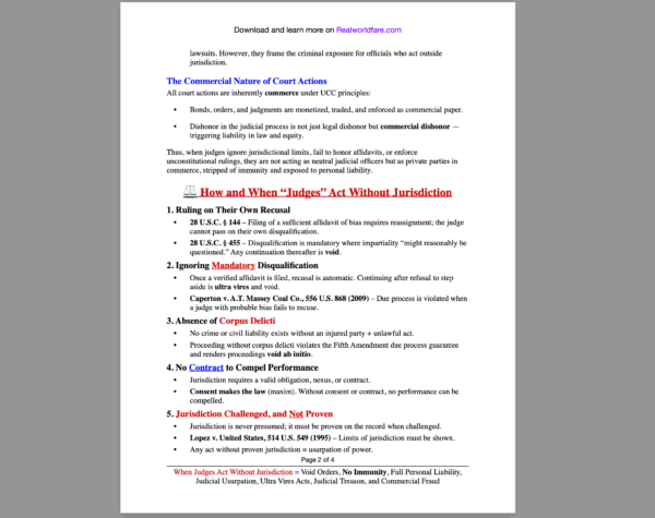 When Judges Act Without Jurisdiction = Void Orders, No Immunity, Full Personal Liability, Judicial Usurpation, Ultra Vires Acts, Judicial Treason, and Commercial Fraud
