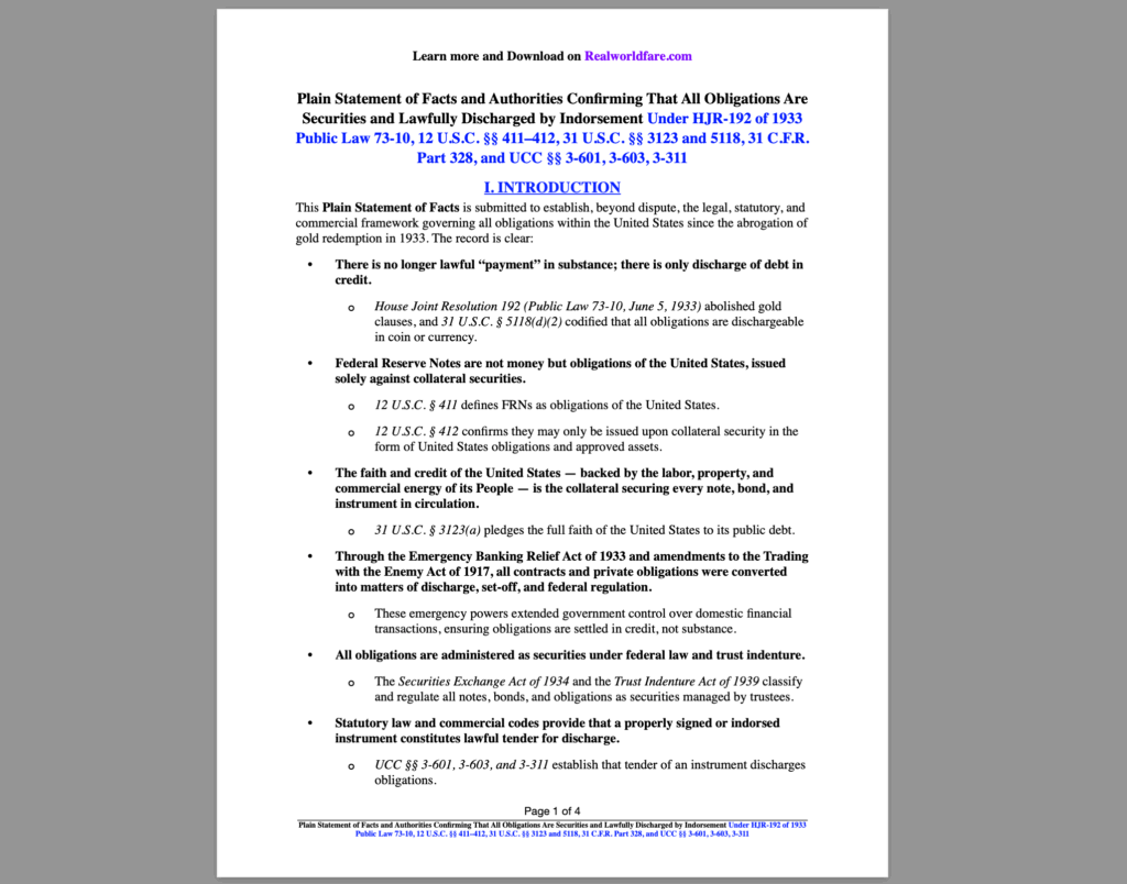 All Obligations Are Securities and Lawfully Discharged by Indorsement - The Legal Blueprint for Debt Discharge Under HJR-192, UCC, and Federal Statutes