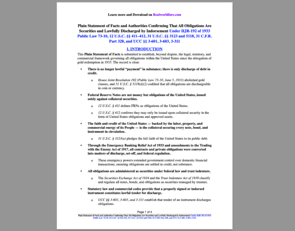 All Obligations Are Securities and Lawfully Discharged by Indorsement - The Legal Blueprint for Debt Discharge Under HJR-192, UCC, and Federal Statutes