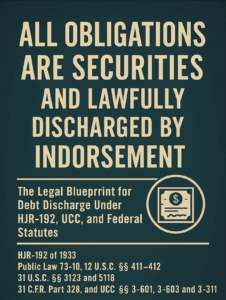 All Obligations Are Securities and Lawfully Discharged by Indorsement Under HJR-192 of 1933 Public Law 73-10, 12 U.S.C. §§ 411–412, 31 U.S.C. §§ 3123 and 5118, 31 C.F.R. Part 328, and UCC §§ 3-601, 3-603, 3-311