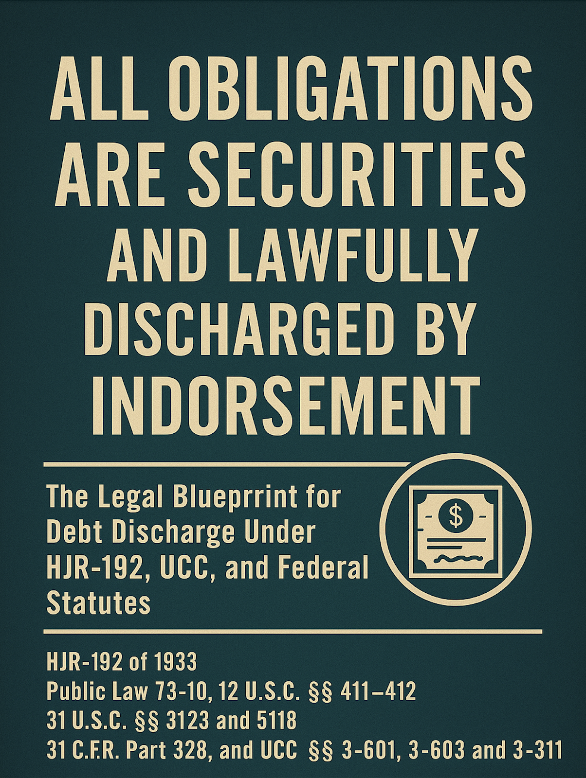 All Obligations Are Securities and Lawfully Discharged by Indorsement Under HJR-192 of 1933 Public Law 73-10, 12 U.S.C. §§ 411–412, 31 U.S.C. §§ 3123 and 5118, 31 C.F.R. Part 328, and UCC §§ 3-601, 3-603, 3-311